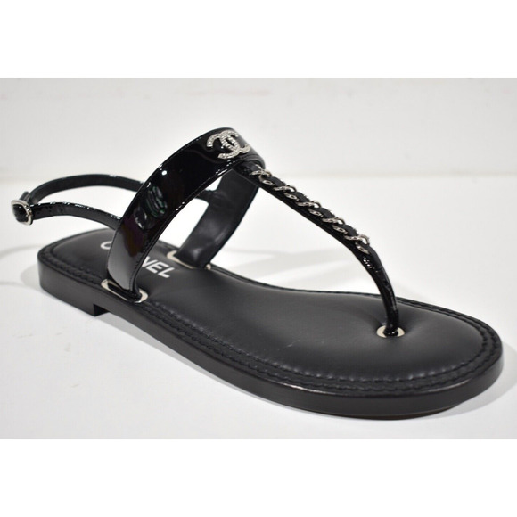Chanel 22C Black Patent Silver Chain CC Logo Mule Slide Flat Thong Sandal 35 - Picture 3 of 12